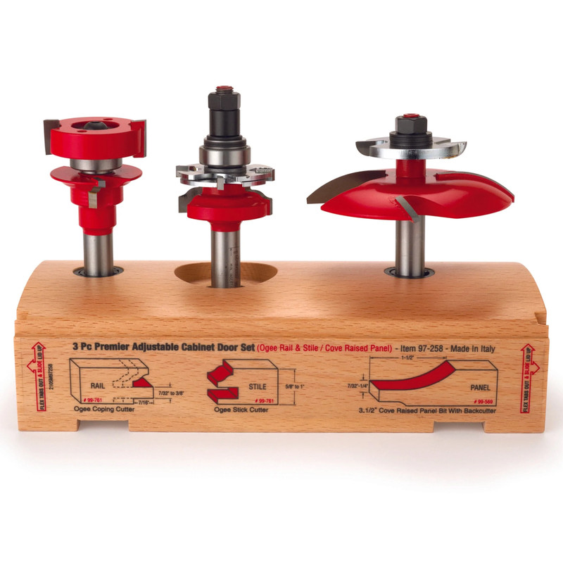 97-258 Adjustable Rail And Stile 3-Pc Door Router Bit Set Cove Panel W/Bc Ogee Rail 1/2" Shank